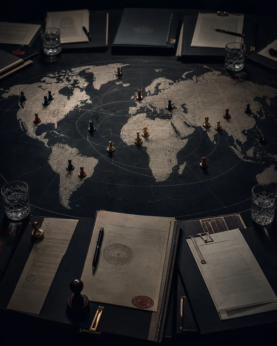 Mapa-múndi escuro sobre mesa de negociação com documentos diplomáticos.