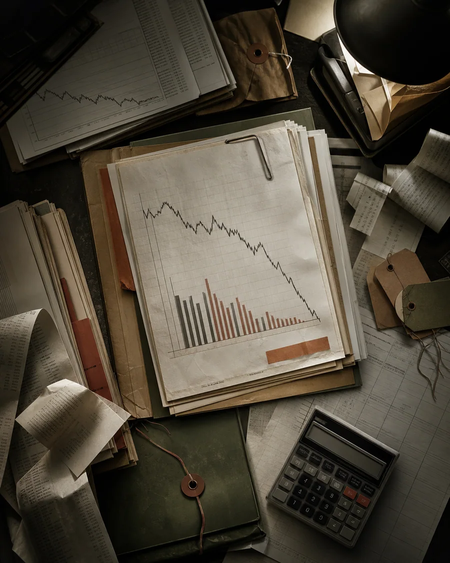 Recibos, calculadora, gráfico financeiro e documentos de uma empresa em crise.