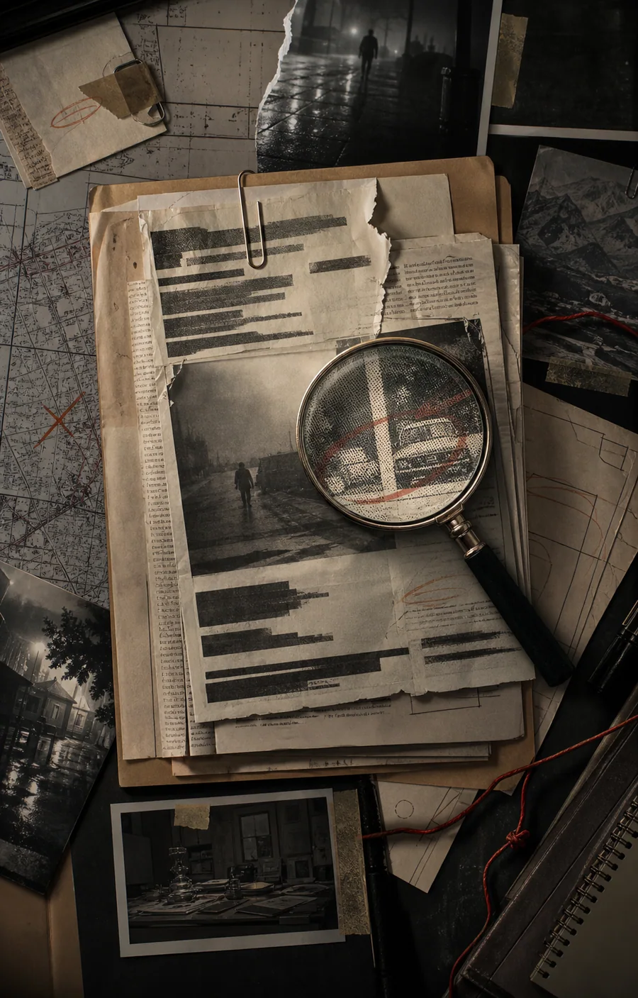 Recortes de jornal, fotografias ocultas, anotações e lupa em uma investigação jornalística.