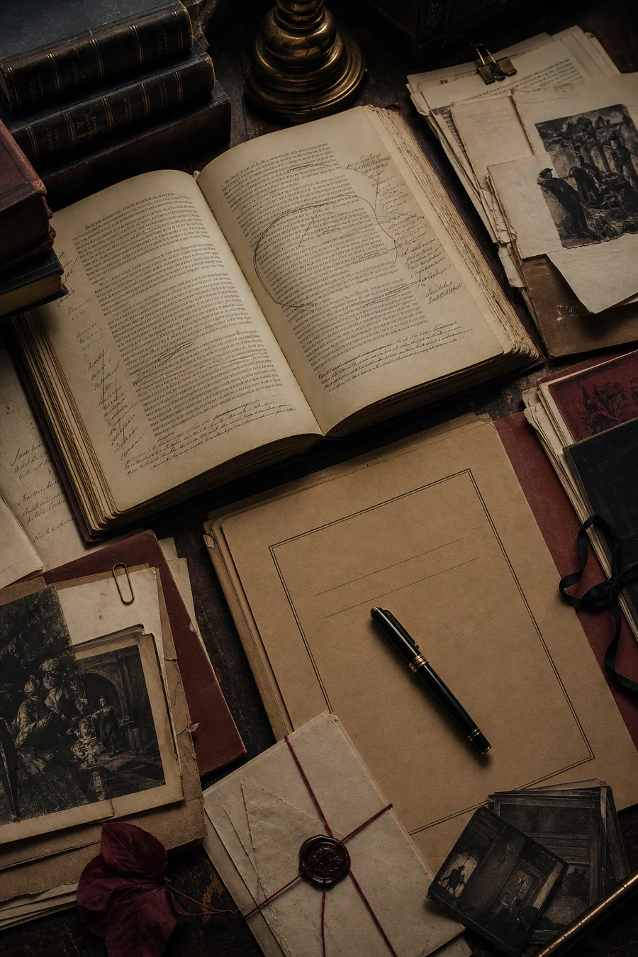 Livro aberto, documentos de tribunal, anotações e atmosfera literária investigativa.